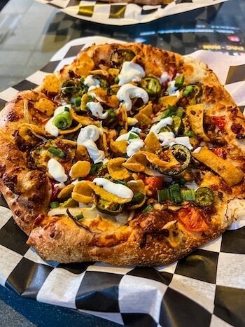 A funky pizza at Totally 80's Pizza & Museum in Fort Collins