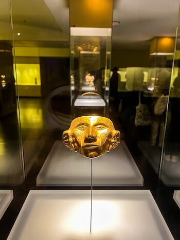 A golden mask at the Gold Museum in Bogotá