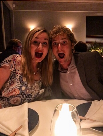 A couple laughs at The French Laundry.