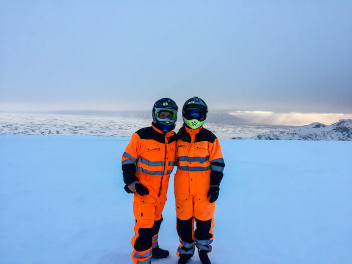 A couple prepares for a glacier excursion in Iceland.