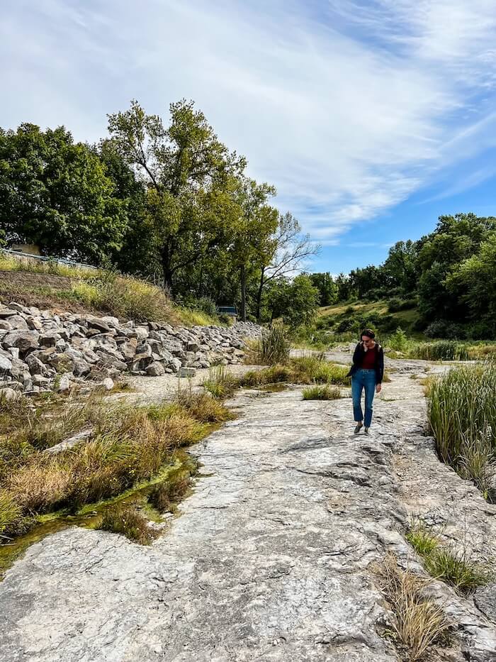 A woman looks for fossils at the Devonian Fossil Gorge, one of the best things to do in Iowa City.