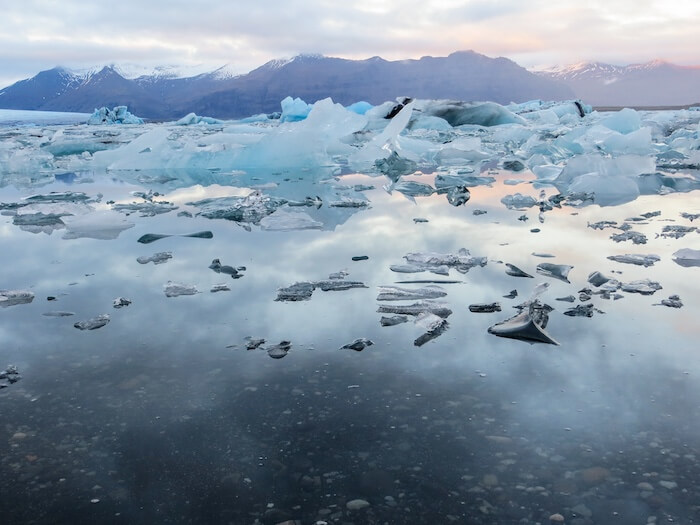 The Jökulsárlón glacier lagoon and its floating ice