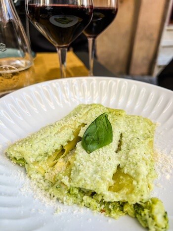 Lunch in Rome consisting of spinach-filled pasta