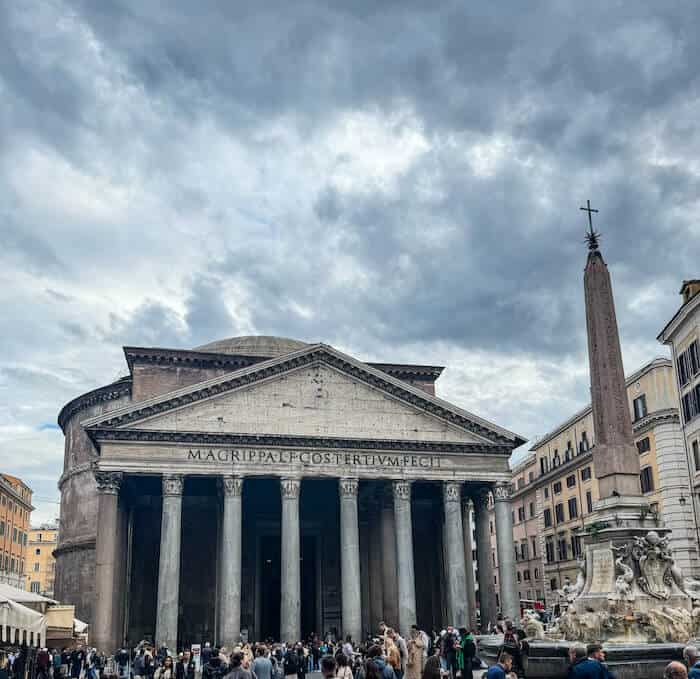 The Pantheon against a gray sky in Rome