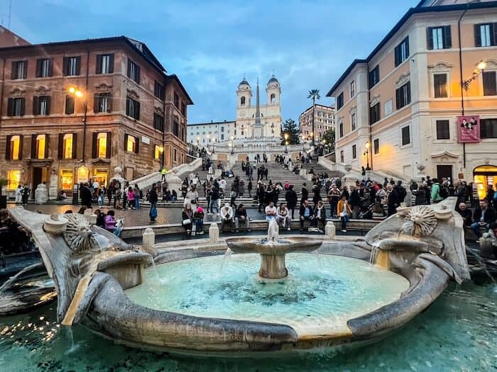 The Spanish Steps as night begins to fall in Rome
