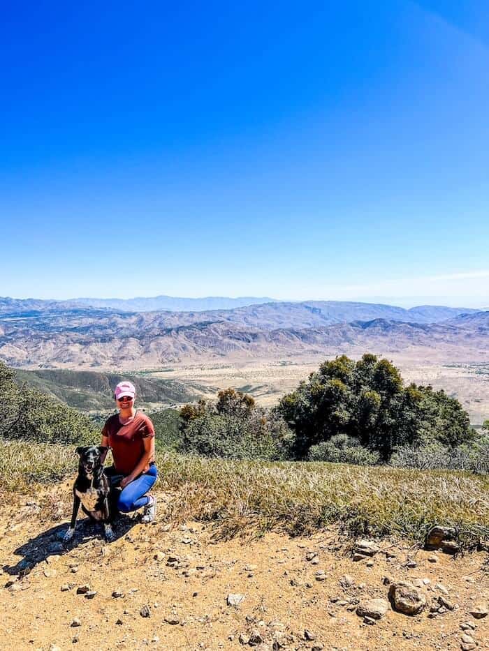 A woman and her dog at the top of a vista