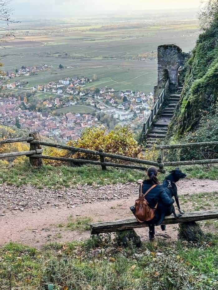 A woman with her dog after a hike