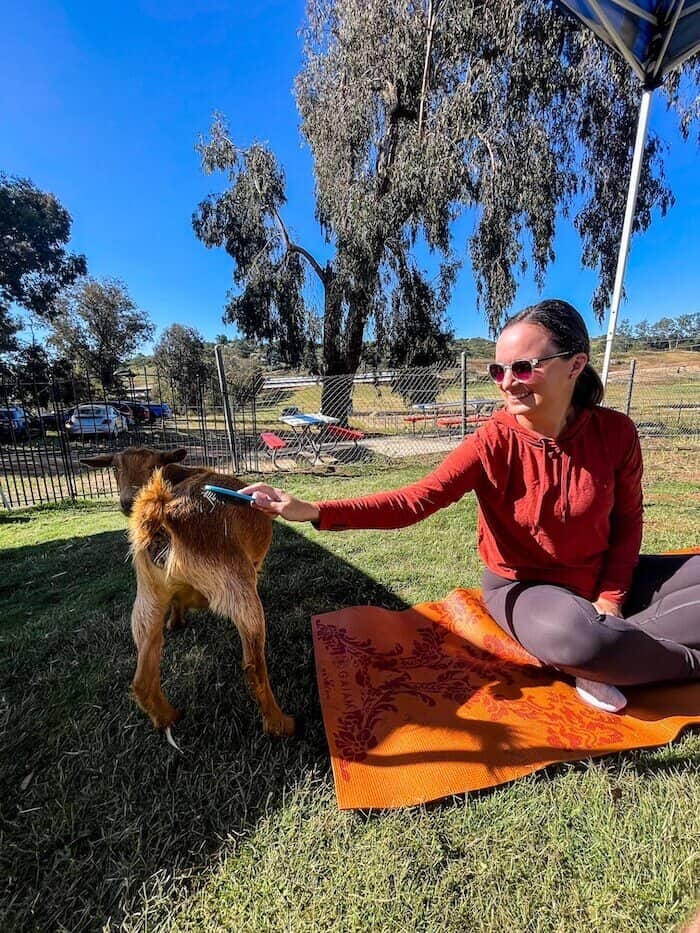 A woman pets a goat during goat yoga.
