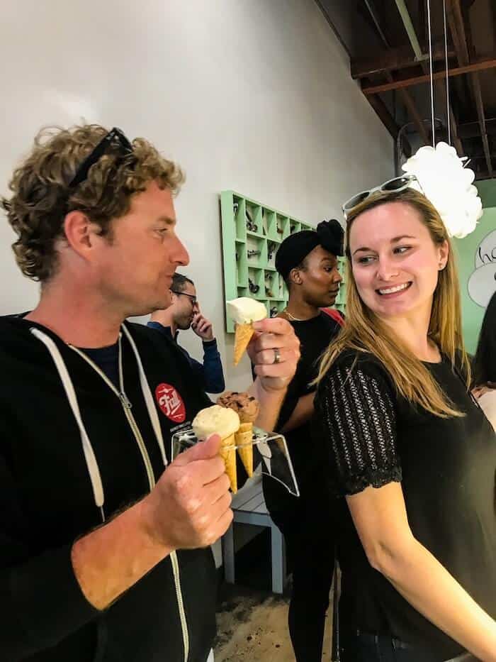 A woman looks at a man's ice cream longingly at Hammond’s Gourmet Ice Cream in San Diego, California.