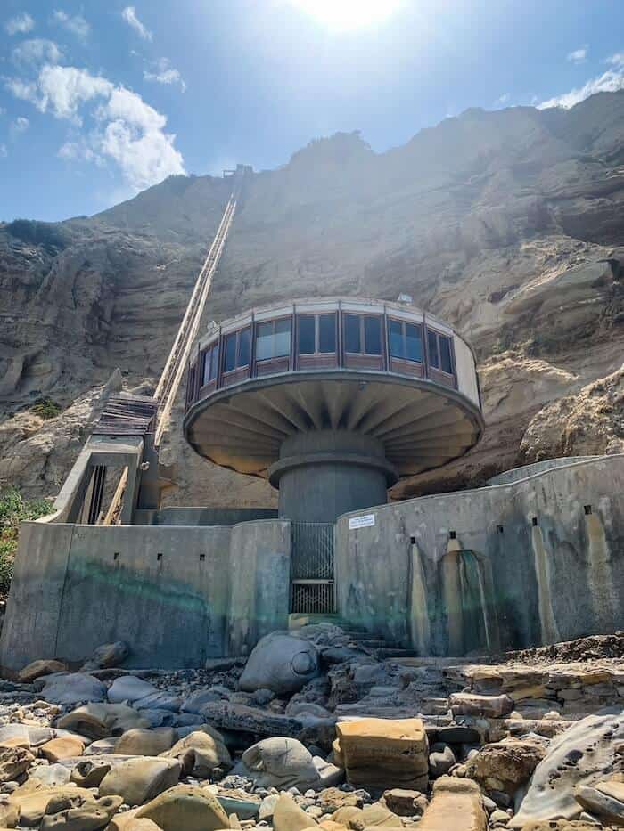 A view from below of the Mushroom House in La Jolla, California