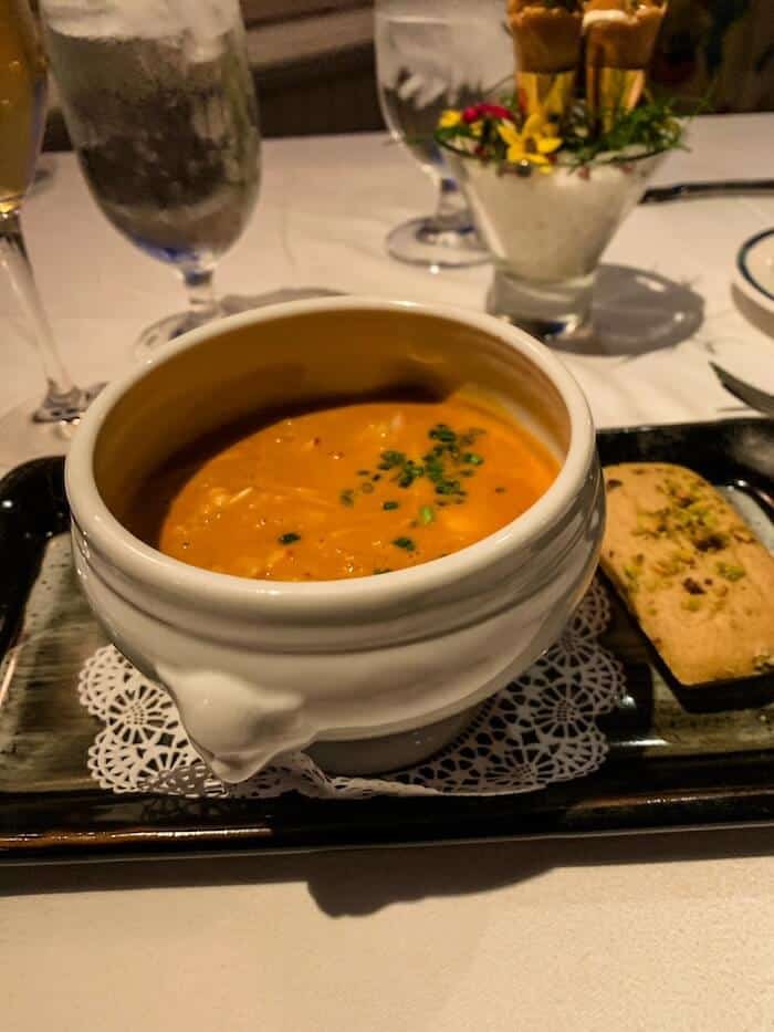 A bowl of butternut squash soup at The Marine Room in La Jolla, California