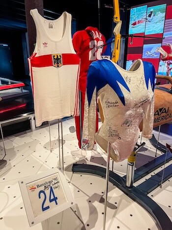 An exhibit of Olympic gear at a museum in Lausanne, Switzerland