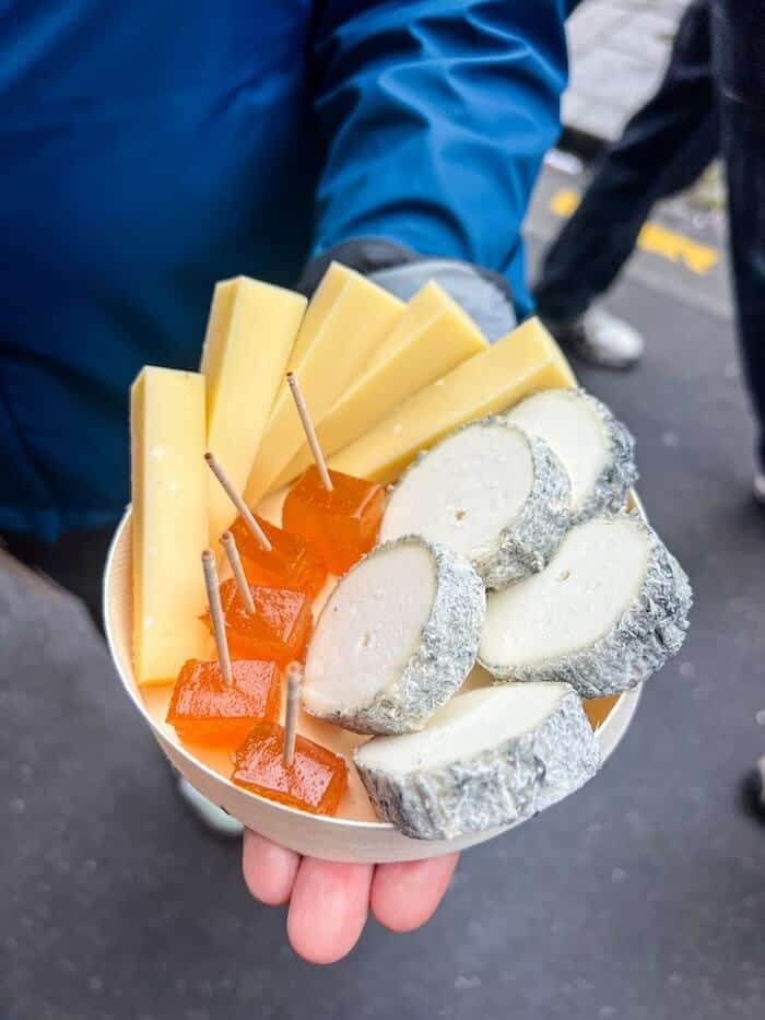 A platter of cheeses and jelly in France