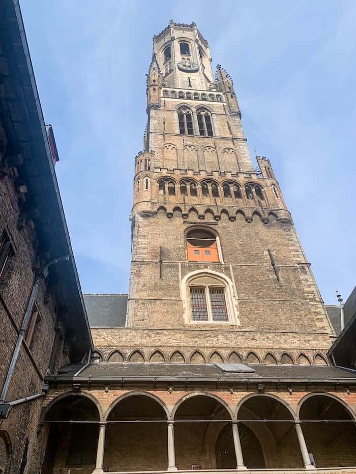 An imposing tower in Bruges