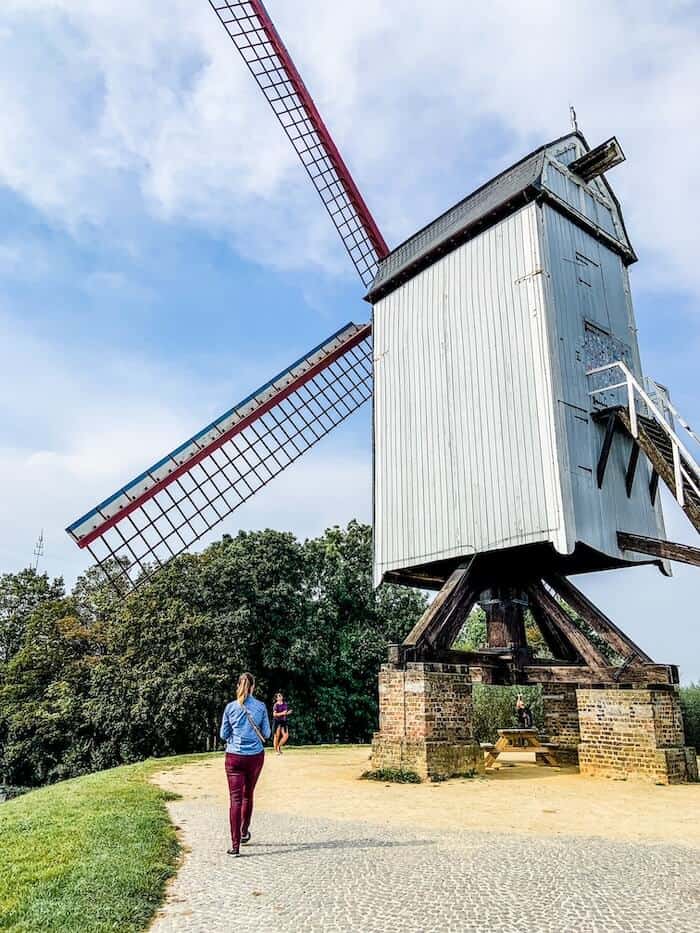 A woman walks to a windmill in Bruges.