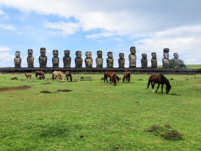 Wild horses pose with the moai on Easter Island.