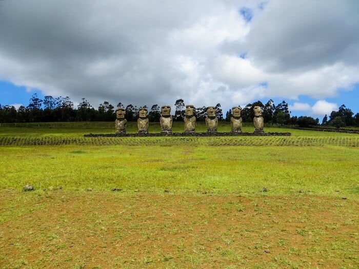 A storm appears to come in at Ahu Akivi on Easter Island.