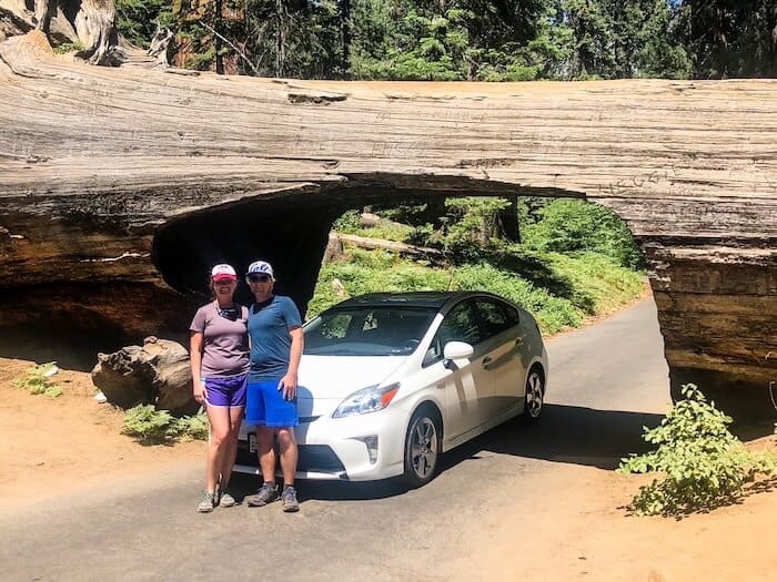 A couple poses near a tunnel log in Sequoia National Park.