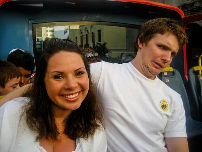 A man looks at his partner as if she just farted.
