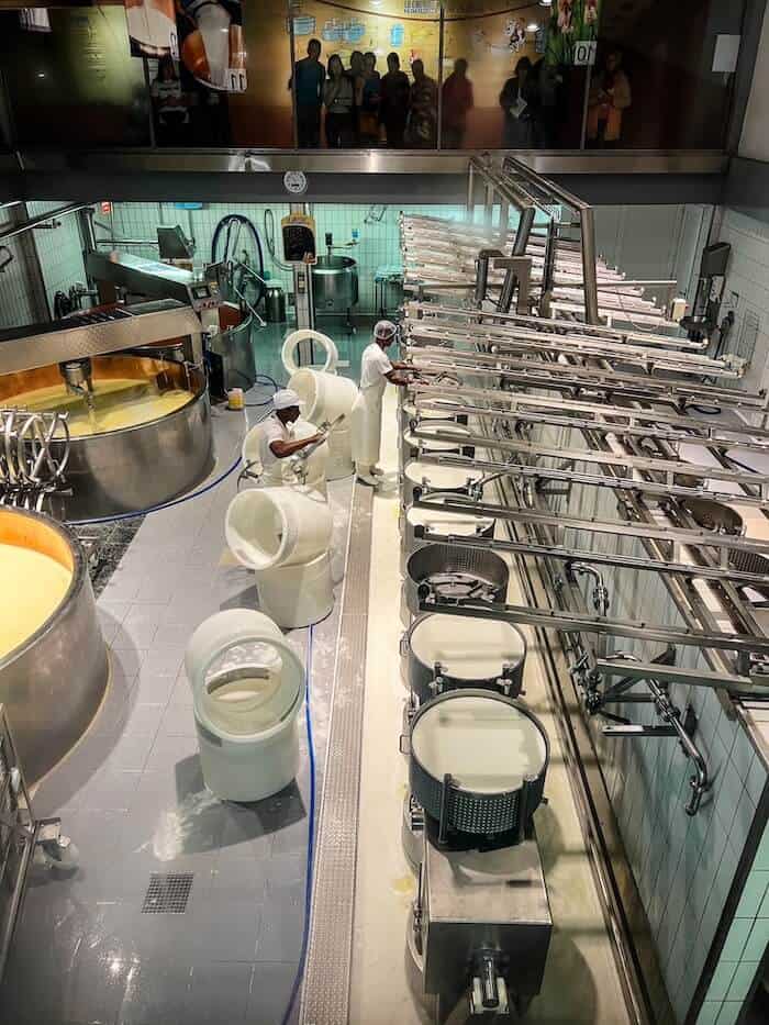 Cheese being produced at La Maison du Gruyère, from above