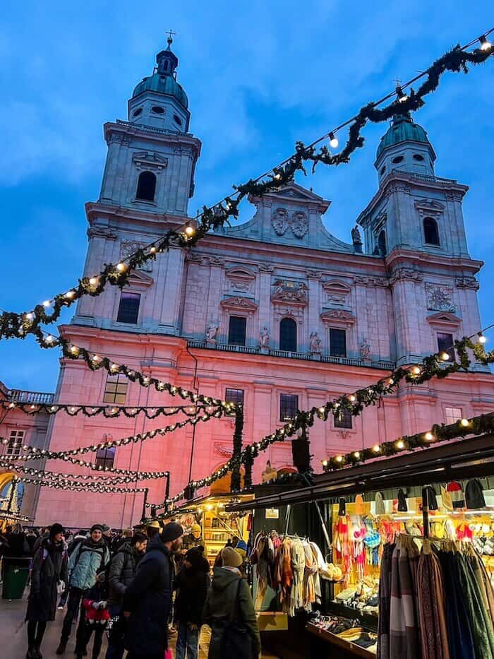 A view of Salzburg Cathedral in the holiday lights