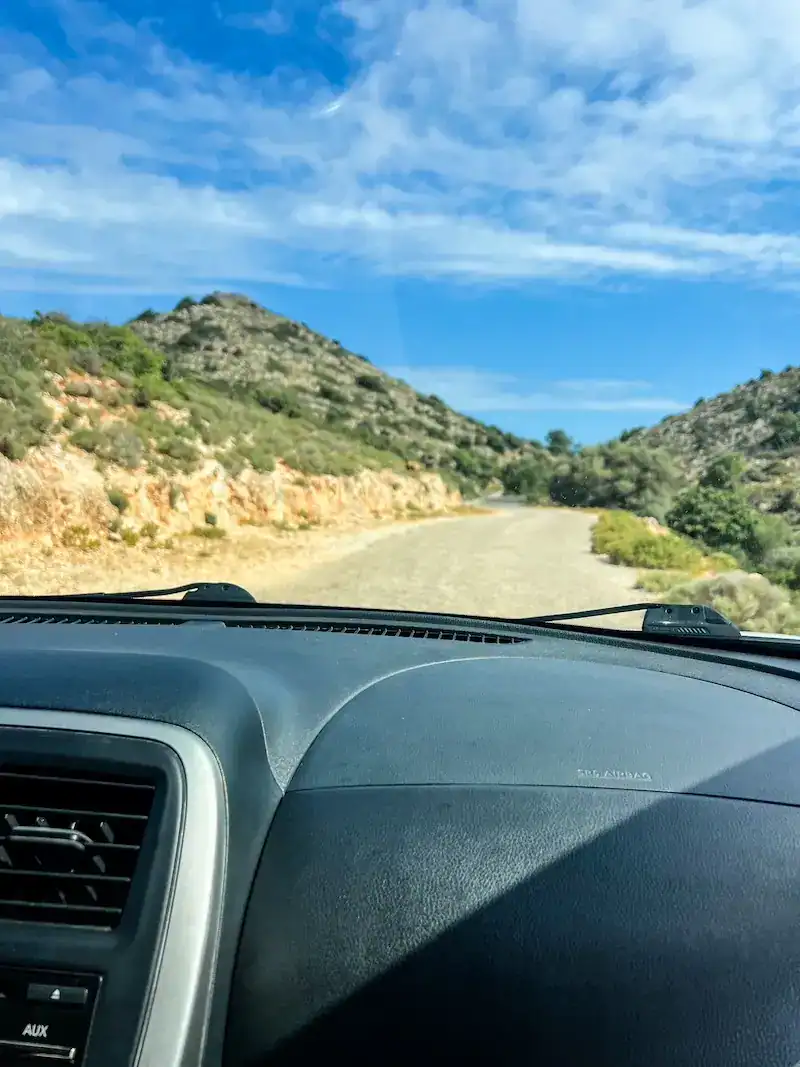 A view from inside a rental car in Crete