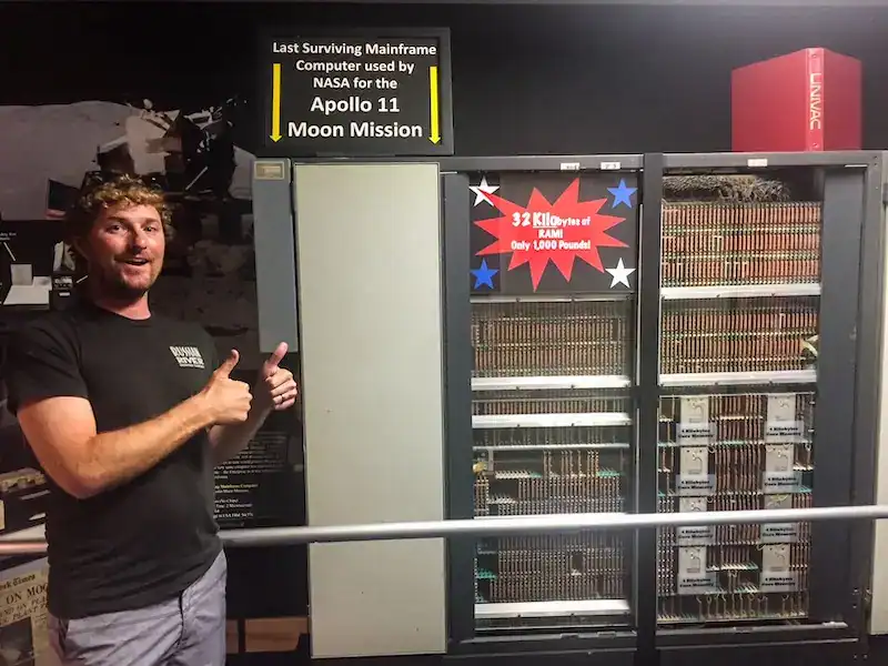 A man poses at a computer museum in Bozeman, Montana.