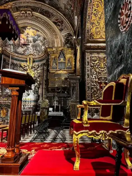 The altar inside an ornate cathedral in Valletta, Malta