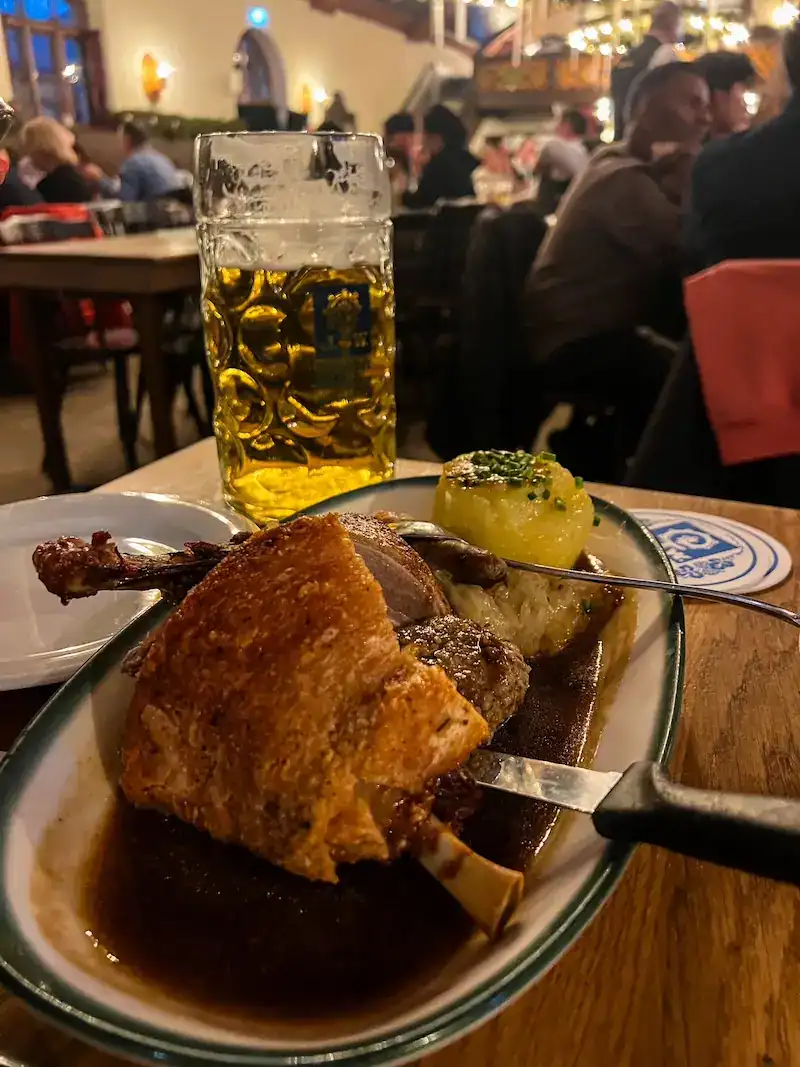 A platter of meat and beer at Augustiner-Keller in Munich