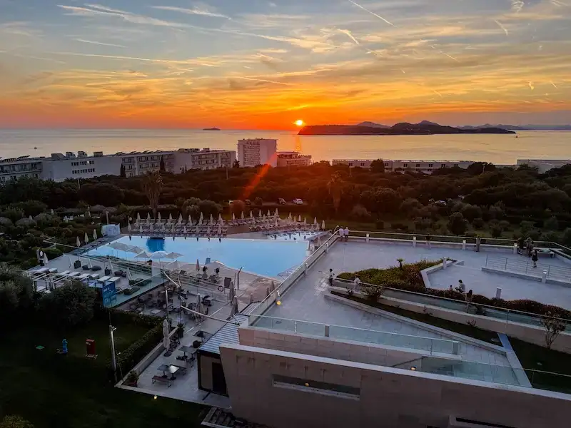 A sunset view from a hotel balcony during one day in Dubrovnik